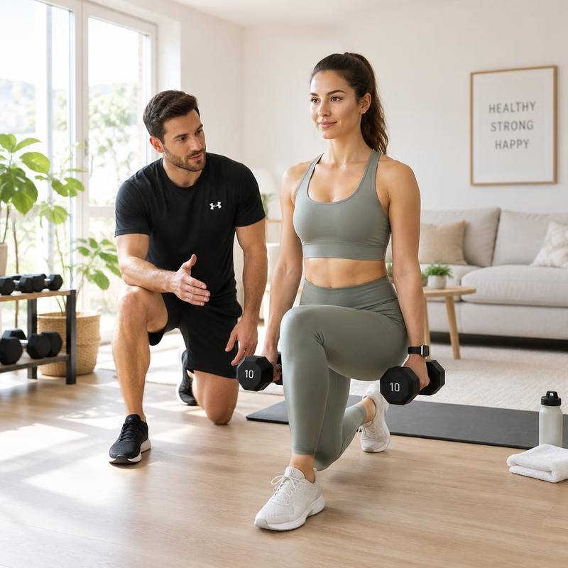Trainer coaching a dumbbell strength session at home